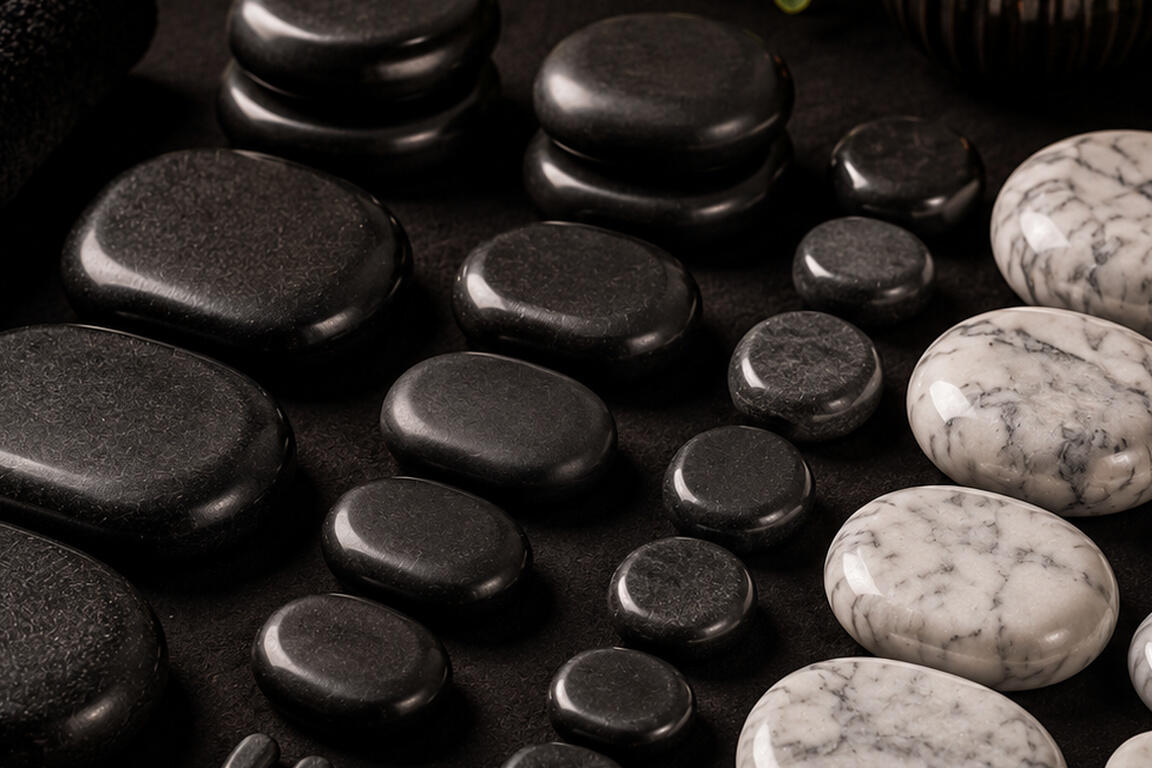 Hot & Cold Stone Massage Black basalt and white marble stones used for hot and cold contrast massage at NOVO Therapy Glasgow.