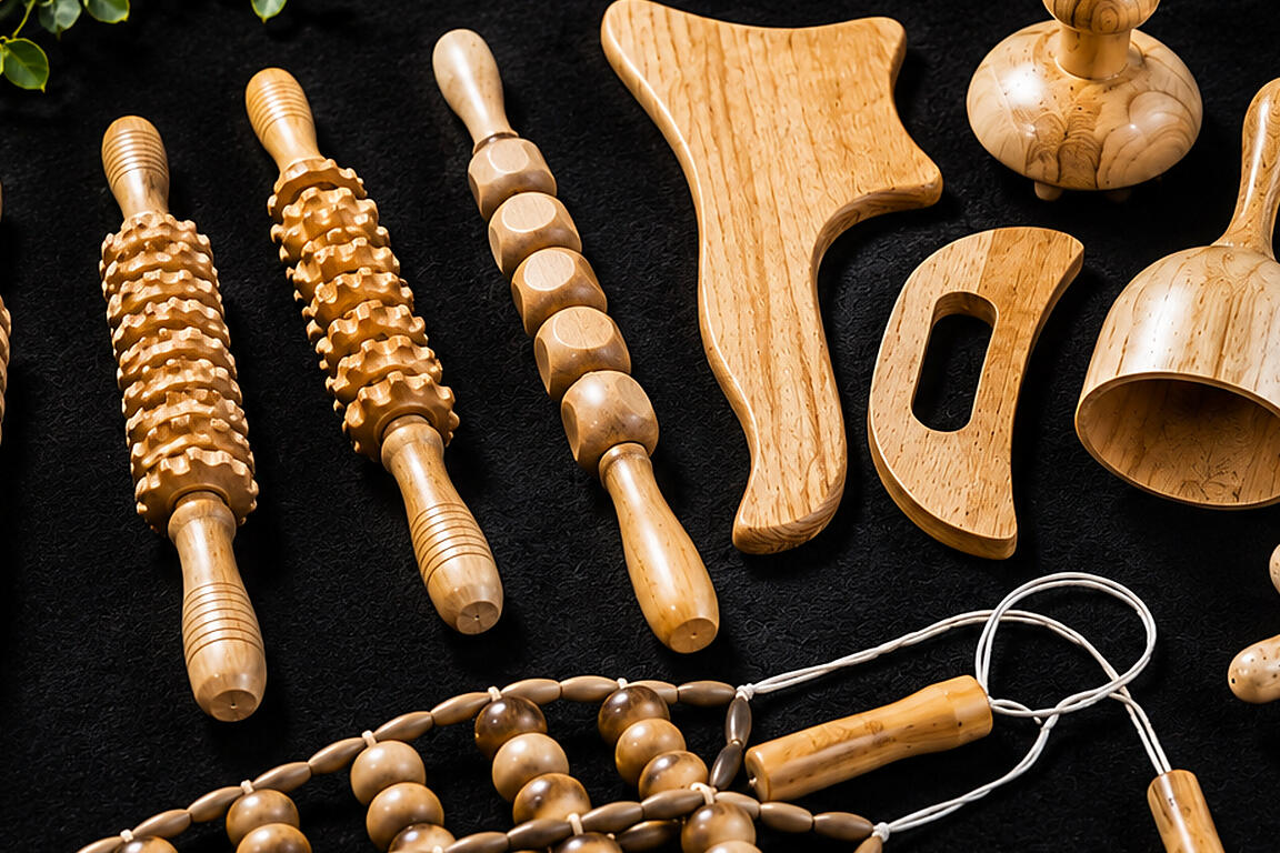 Wood therapy tools used for Brazilian lymphatic drainage, sculpting and contouring massage at NOVO Therapy Glasgow.