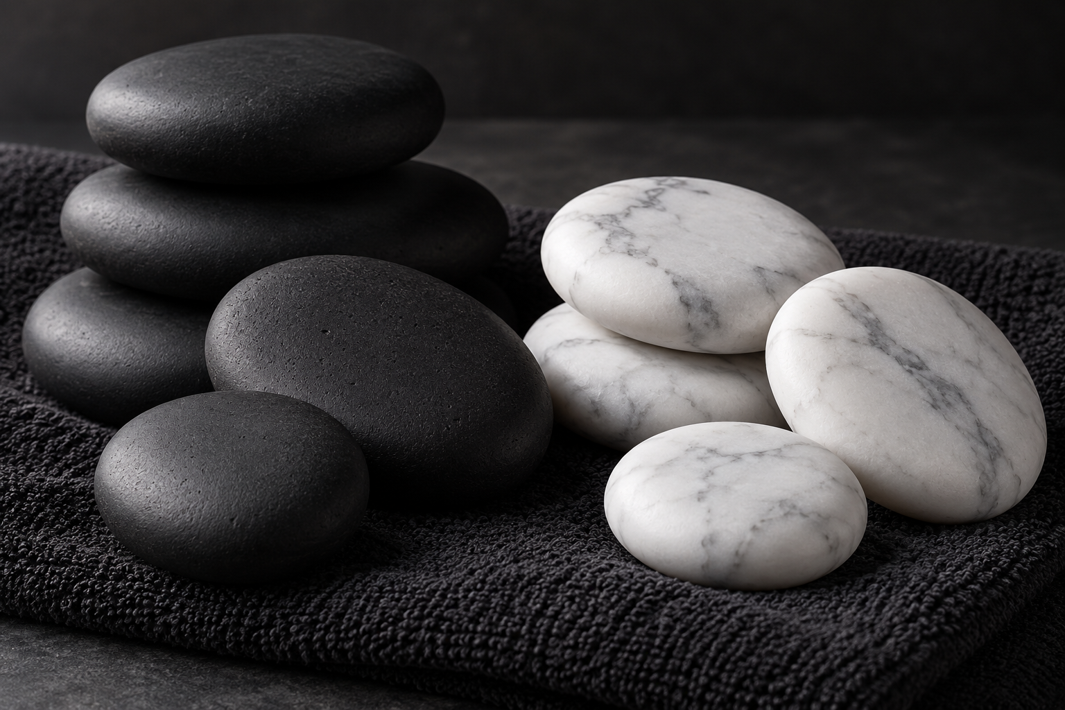 Dry black basalt and white marble stones for contrast massage