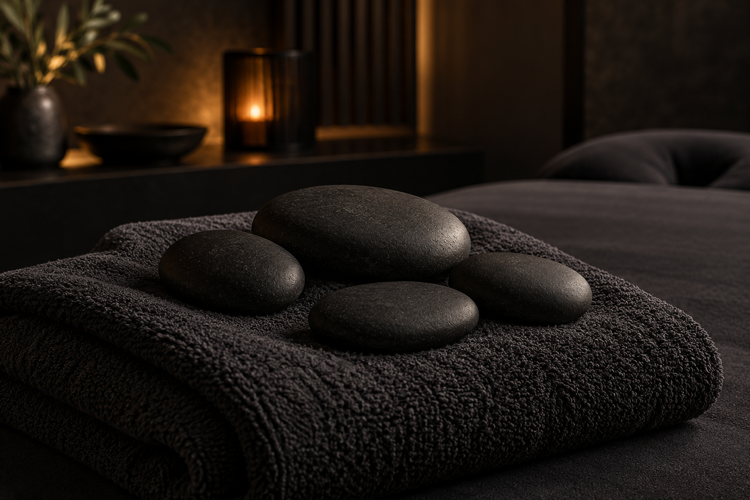 Dry black basalt massage stones on a charcoal towel